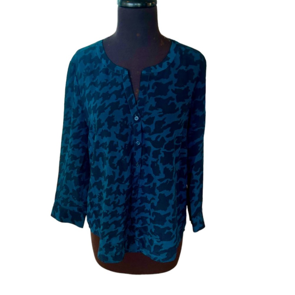 NWOT 41 Hawthorn 100% Silk Animal Print Teal and Black PopOver Top Size M